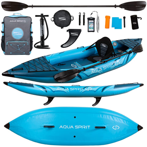 Aqua Spirit Inflatable Kayak Latest 2023 Model, 10'5”/13’5”/1 or 2 Person Complete Kayak Kit with Paddle, Backpack, Double-Action Pump and more accessories, For Adult Beginners/Experts - 2 Years Brand Warranty - Packed Direct UK