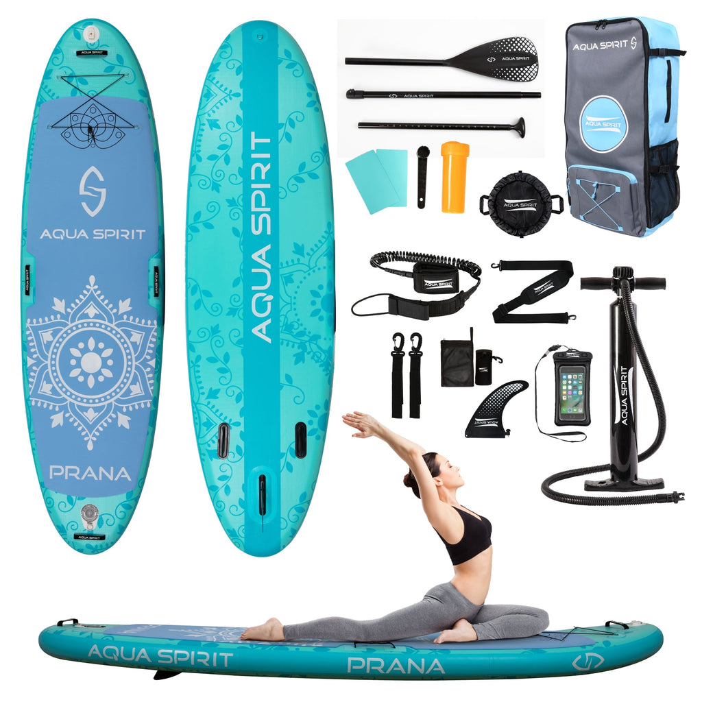 Aqua Spirit Prana 10′8″ Yoga Water AquaFitness Stand Up Paddle Board Kit | 6" Thick | Aluminium Paddle& Clips, Backpack, Change Mat, Pump, Leash, Mount for GoPro, Shoulder Straps & 2 Year Warranty - Packed Direct UK