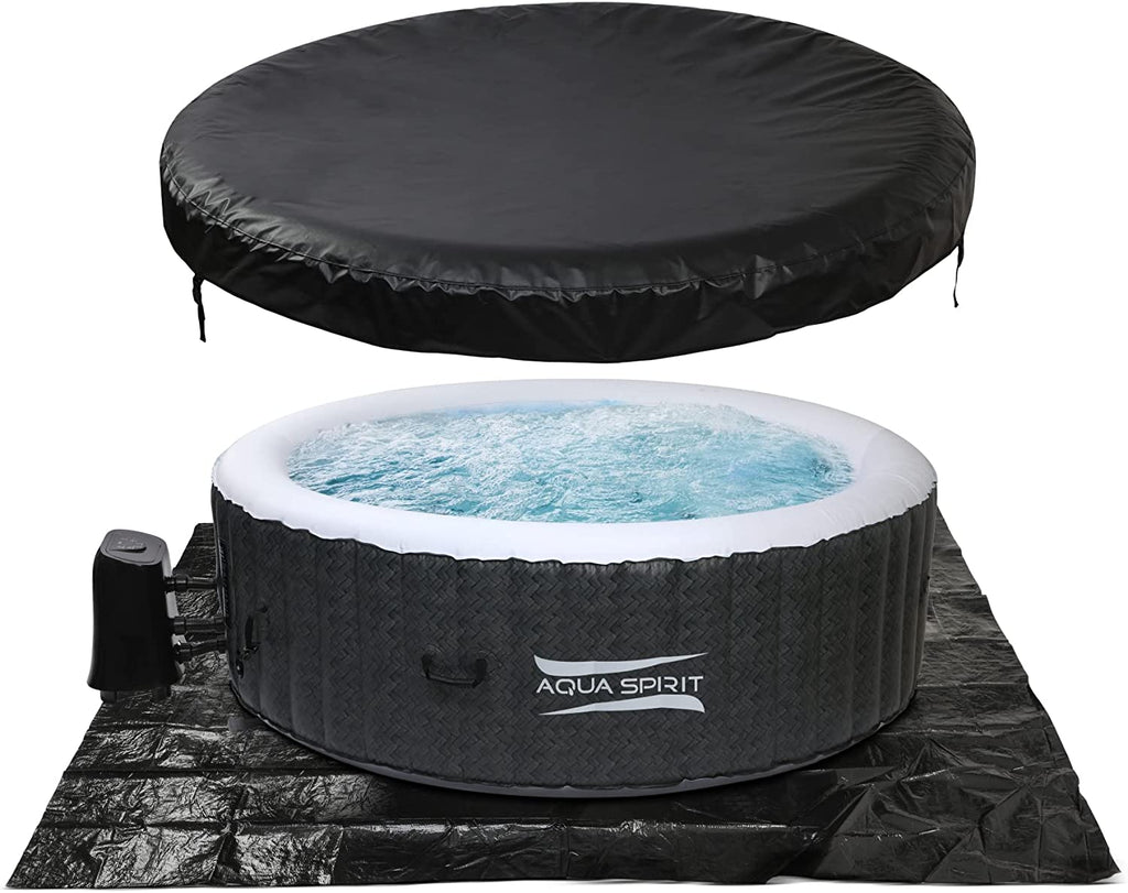 Aqua Spirit Self-Inflating Inflatable Quick Heating Indoor & Outdoor Round Hot Tub Spa Bubble Jacuzzi with Cover & Ground Sheet, Up to 6 Persons, Black & White - Packed Direct UK