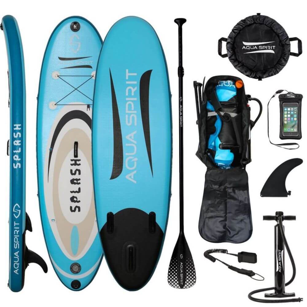 AQUA SPIRIT Splash iSUP 9’ long Inflatable Stand up Paddle Board for Beginners/Intermediate with Backpack, Leash, Paddle, Changing Mat & Waterproof Phone Case