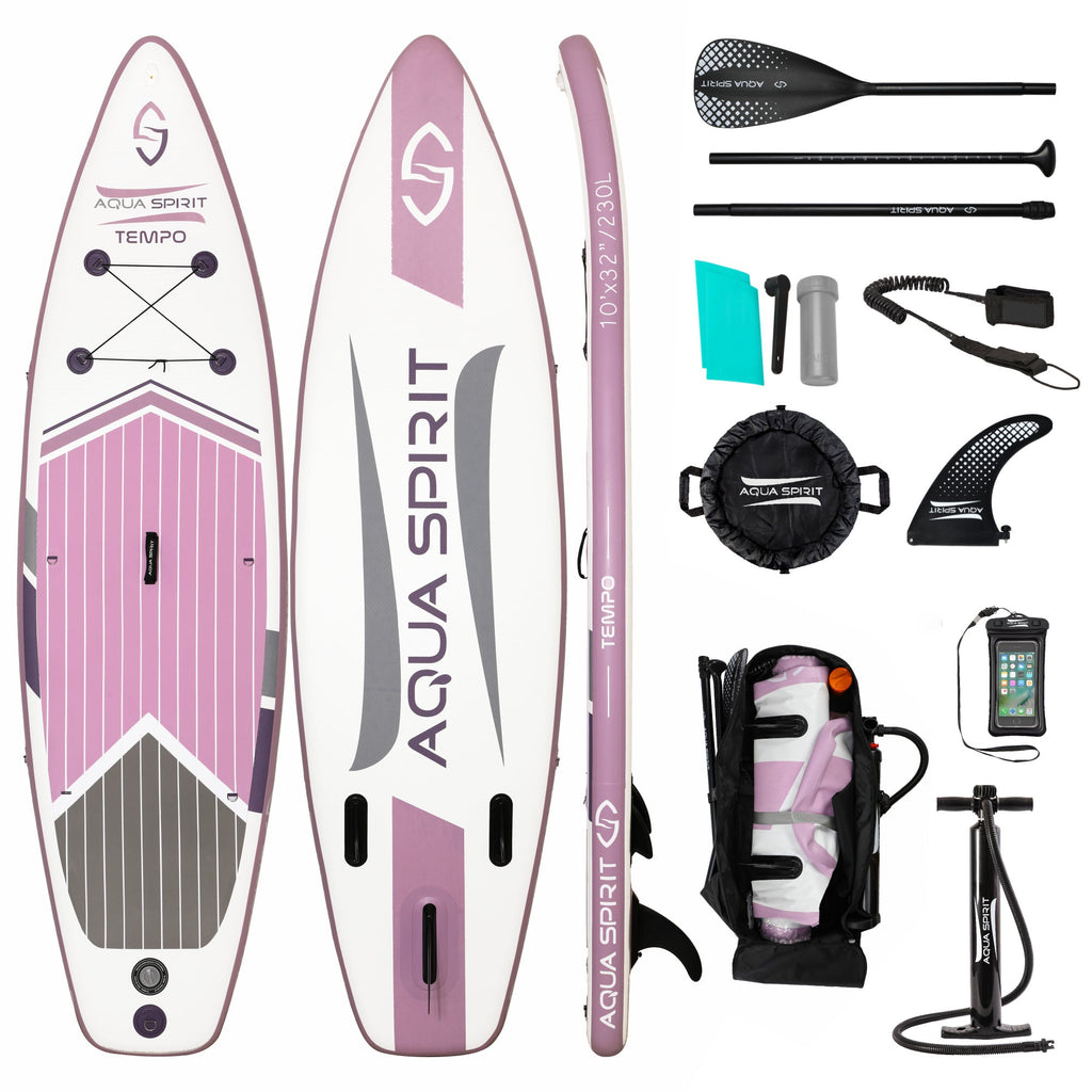 AQUA SPIRIT Tempo 10' iSUP Inflatable Stand up Paddle Board for Adult Beginners/Intermediate with Backpack, Leash, Paddle, Changing Mat & Waterproof Phone Case - Packed Direct UK