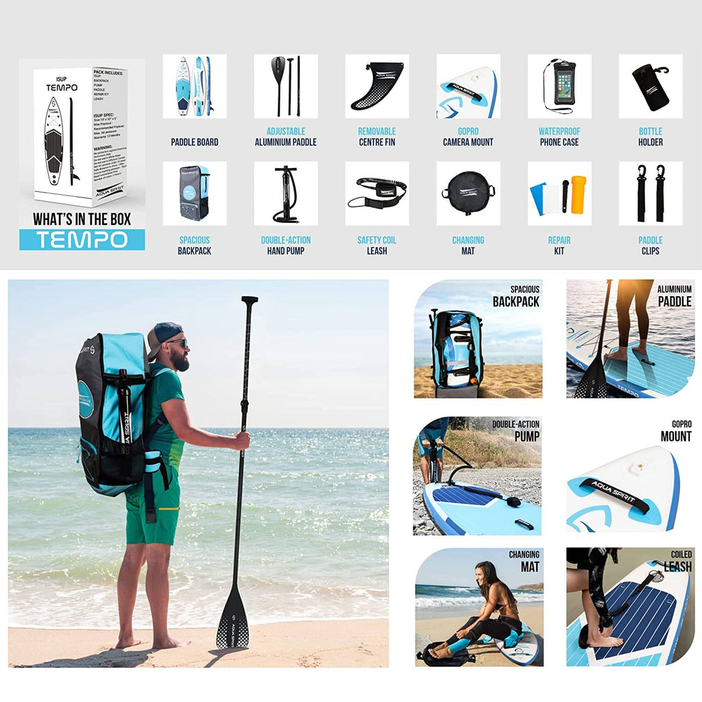 AQUA SPIRIT Tempo 10'/10'6 iSUP Inflatable Stand up Paddle Board for Adult Beginners/Intermediate with Backpack, Leash, Paddle, Changing Mat & Waterproof Phone Case - Packed Direct UK