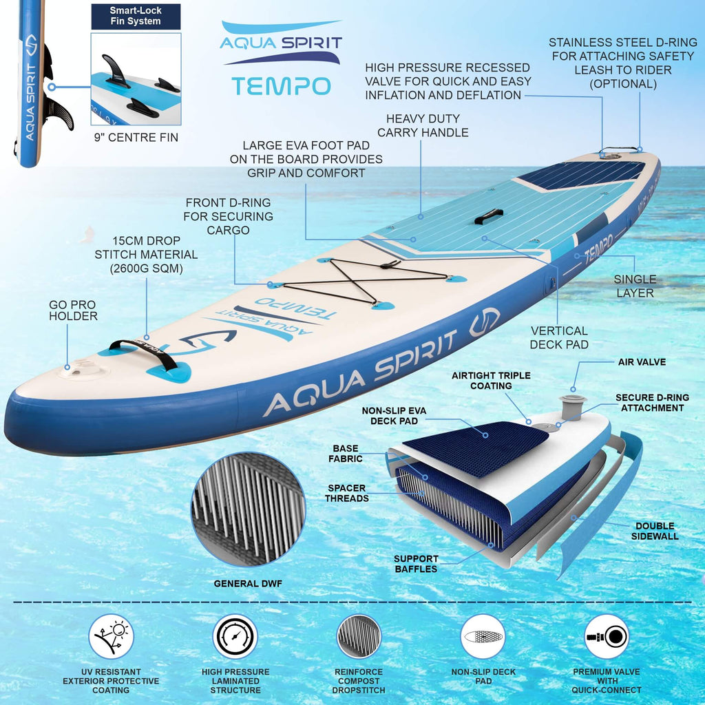 Isup Inflatable AQUA SPIRIT Tempo 10'/10'6 iSUP Inflatable Stand up Paddle Board for A ...