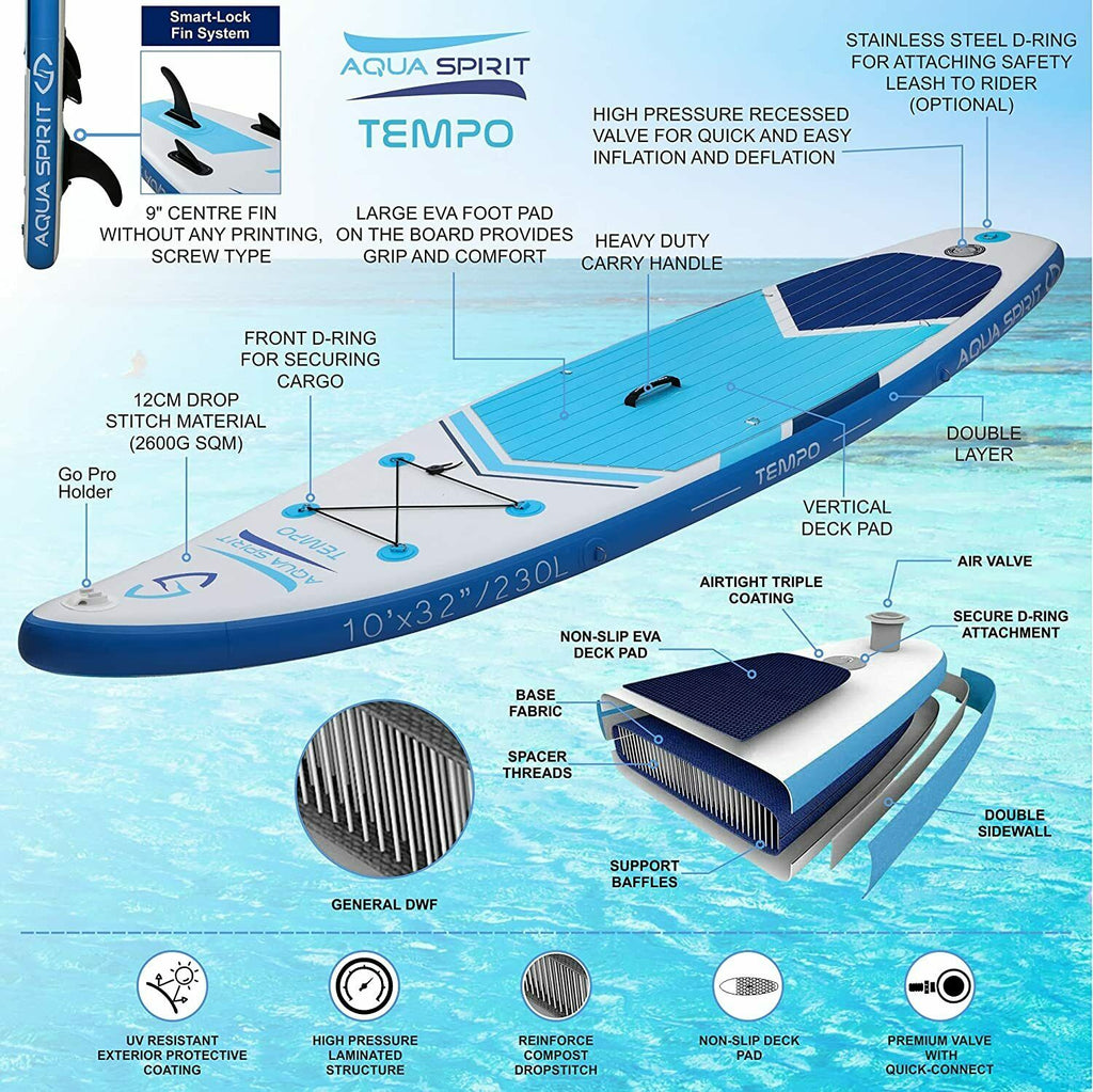 Aqua Spirit Tempo Blue 10FT iSUP Inflatable Stand up Paddle Board & Accessories - Packed Direct UK