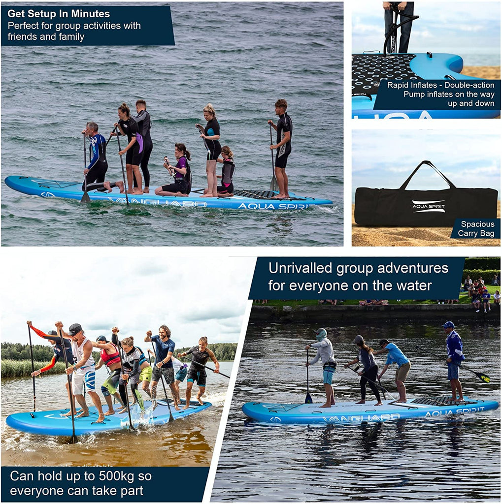 Aqua Spirit Vanguard Family Inflatable SUP for Group Adventures | 18' x 5’ x 8” | with Carry Bag, Double-Action Pump and more accessories | Up To 10 Person | 500KG Limit | 1 Year Warranty - Packed Direct UK
