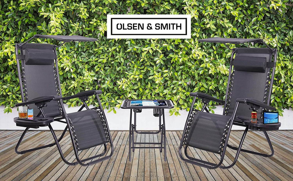 GRADE-A 3 Piece Zero Gravity Reclining Garden Patio Deck Chair Sun Lounger, 2 Chair & Table Set, Charcoal + Accessories - Packed Direct UK