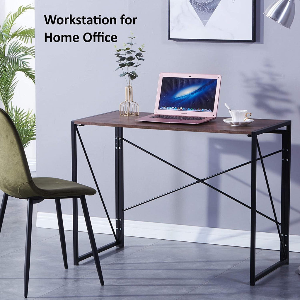 GRADE-A Folding Computer Desk Table, Compact Foldable Home Office Computer PC Laptop Workstation Desk Table for Home Office, Wood & Metal, Brown Black - Packed Direct UK