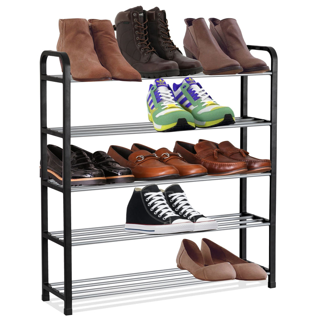GRADE-A Olsen & Smith 5 Tier Shoe Storage Rack Organiser Small , Quick Assembly No Tools Required, Holds 12 to 15 pairs (W) 92cm x (H) 54cm x (D) 29cm Black - Packed Direct UK