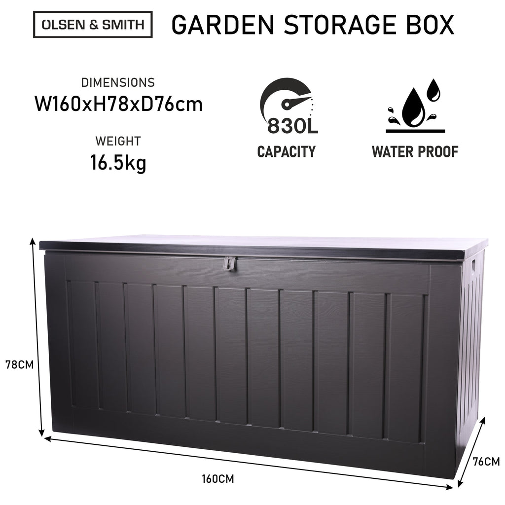 GRADE-A Olsen & Smith 830L MASSIVE Capacity Outdoor Garden Storage Box Plastic Shed - Weatherproof & Sit On with Wood Effect Chest - Packed Direct UK