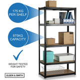GRADE-A Olsen & Smith Heavy Duty 5 Tier Steel & Wood Garage Shelving Unit 150cm x 70cm x 30cm Racking Utility Shelves Units For Storage For Home Workshop Shed Office Black - Packed Direct UK