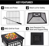 GRADE-A Olsen & Smith Large Square Steel Metal Fire Pit for Outdoor Garden Patio Heater Grill BBQ with Grate, Grill, Lid, Poker & Cover, Wood & Charcoal Burning , Black - Packed Direct UK