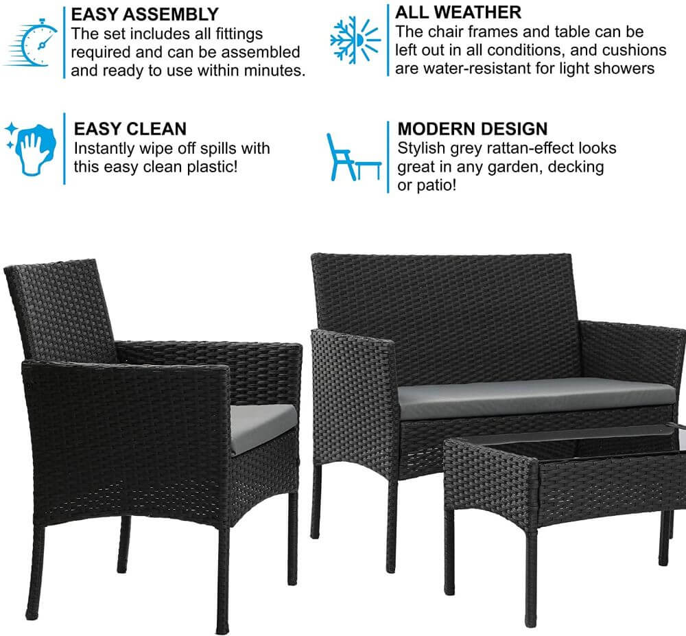 GRADE-A Olsen & Smith Livorno 4 Piece Rattan Effect Outdoor Garden Patio Furniture Set - Love Seat Sofa + 2 Chairs + Table (Black) - Packed Direct UK