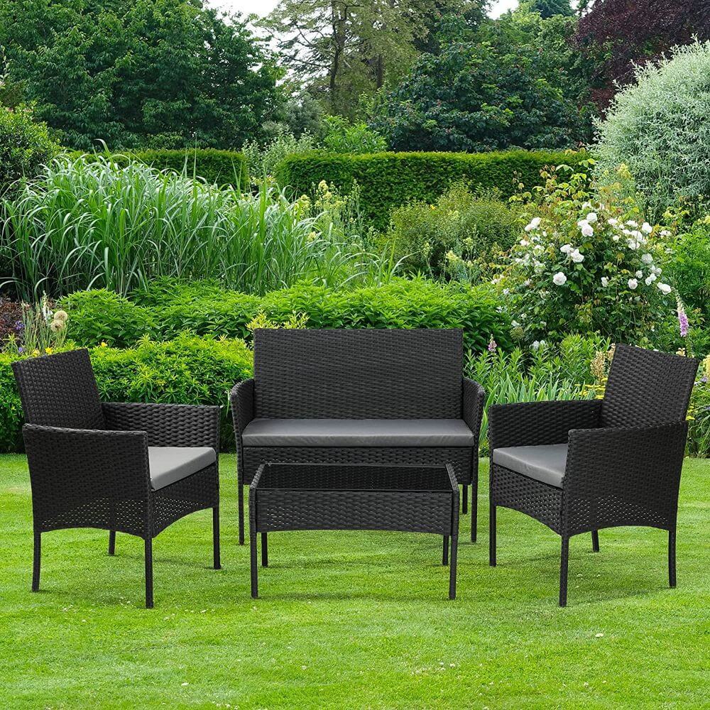 GRADE-A Olsen & Smith Livorno 4 Piece Rattan Effect Outdoor Garden Patio Furniture Set - Love Seat Sofa + 2 Chairs + Table (Black) - Packed Direct UK
