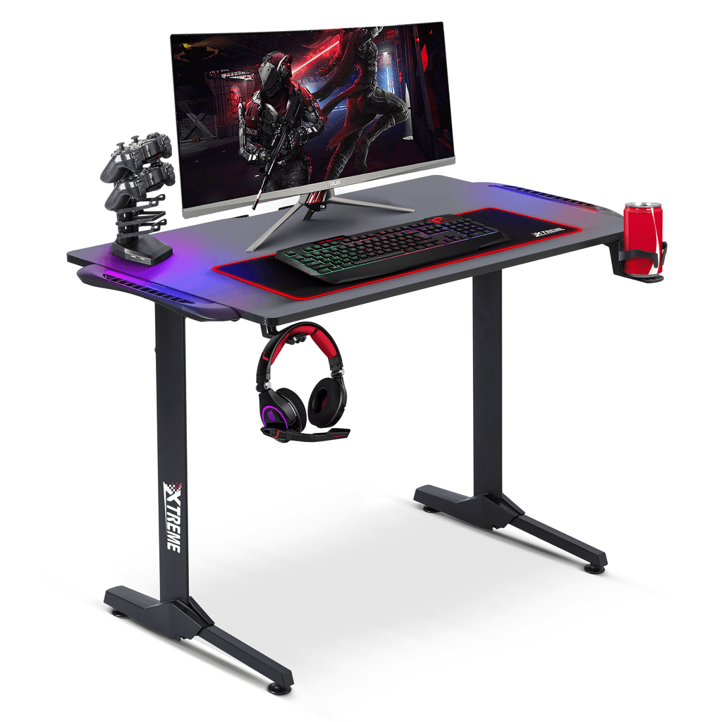 GRADE-A Olsen & Smith Xtreme Carbon Fibre Effect RGB PC Computer Gaming Desk with LED Lights, Controller Storage, Mouse Pad Headset Hook & Drinks Cup Holder Black - Packed Direct UK
