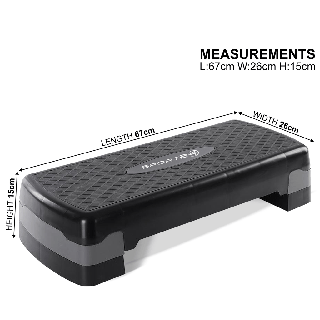 GRADE-A Sport24 Height Adjustable Aerobic Exercise Stepper Box For Home Exercise Workout, 2x Height Level 10cm 4”, 15cm 6”, Raised Platform Steppers Board Block, Home Gym Fitness Equipment Black Grey - Packed Direct UK