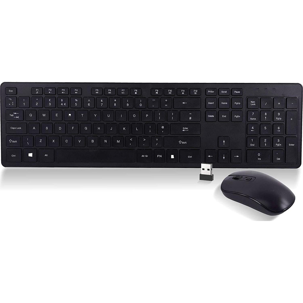 GRADE-A Wireless Compact Keyboard and Mouse Combo Set for Windows PC, 12 Multimedia & Shortcut Keys, Quiet Operation, Splashproof, QWERTY UK Layout - Black - Packed Direct UK