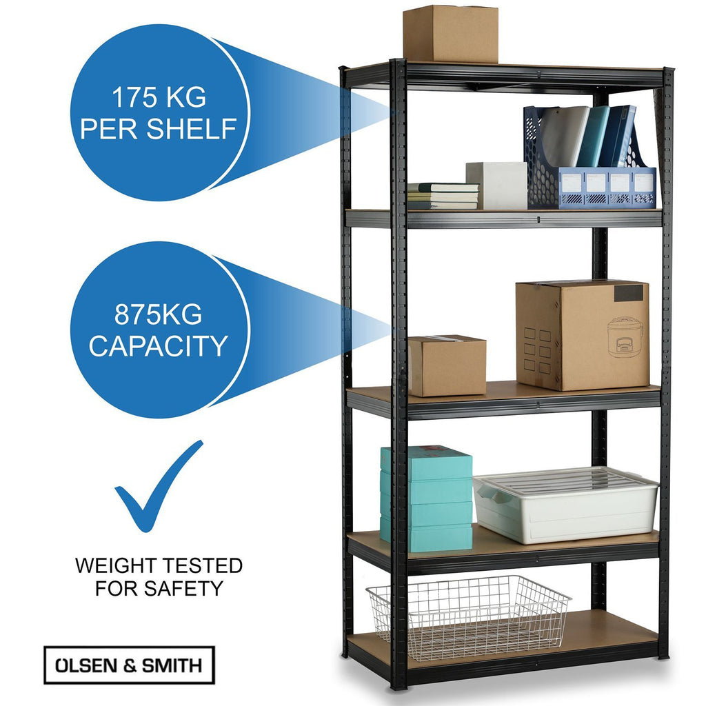 Heavy Duty 5 Tier Steel & Wood Garage Shelving Unit 150cm x 70cm x 30cm Racking Utility Shelves Units For Storage For Home Workshop Shed Office Black - Packed Direct UK