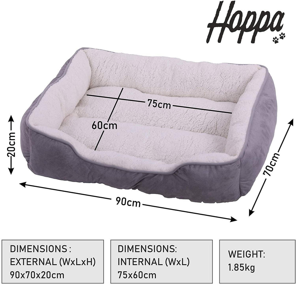 .Hoppa Large Plush Soft Rectangular 90x70x20cm Faux Suede Non Slip Dog Bed with Blanket Machine Washable Grey - Packed Direct UK