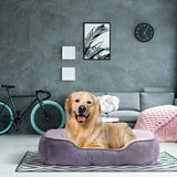 .Hoppa Large Plush Soft Rectangular 90x70x20cm Faux Suede Non Slip Dog Bed with Blanket Machine Washable Grey - Packed Direct UK