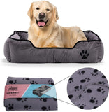 Hoppa Large Soft Rectangular 90x70x20cm Corduroy Non Slip Dog Bed with Blanket Machine Washable Grey - Packed Direct UK