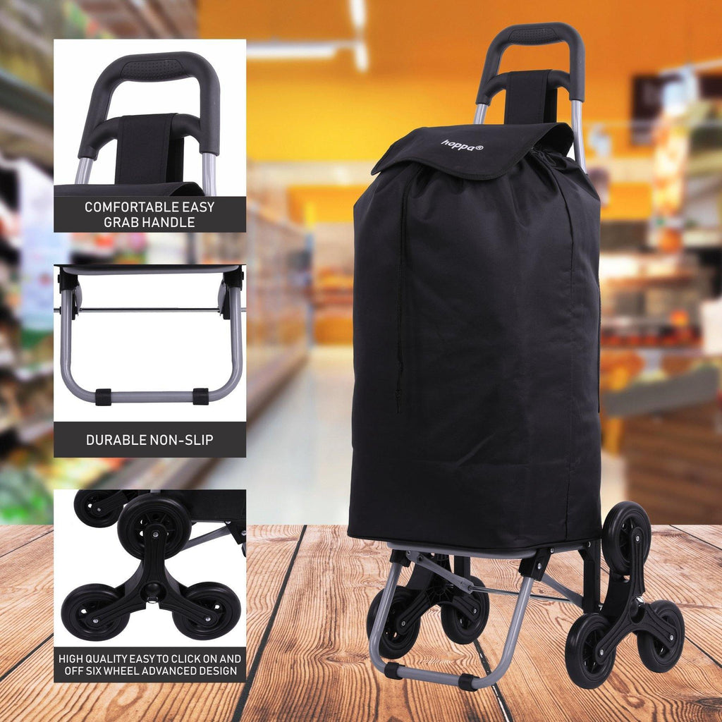 Hoppa Lightweight 6-Wheel Folding Shopping Trolley Large 47L Capacity Shopping Trolley Bag, 95cm, 2kg, Push/Pull Stairclimber (Black) - Packed Direct UK