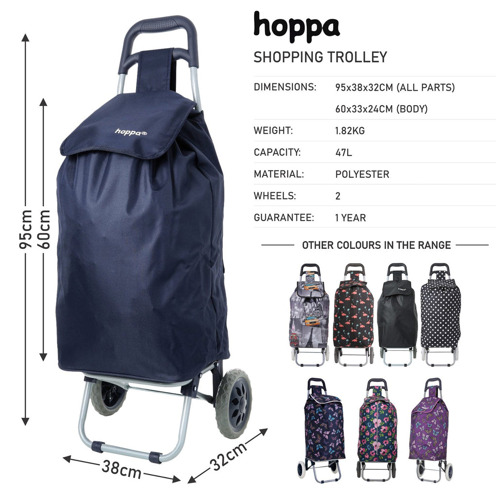 Hoppa Lightweight Shopping Trolley 2023 Model Folding 2 Wheel Large Capacity Shopper, 47 Litre - Packed Direct UK