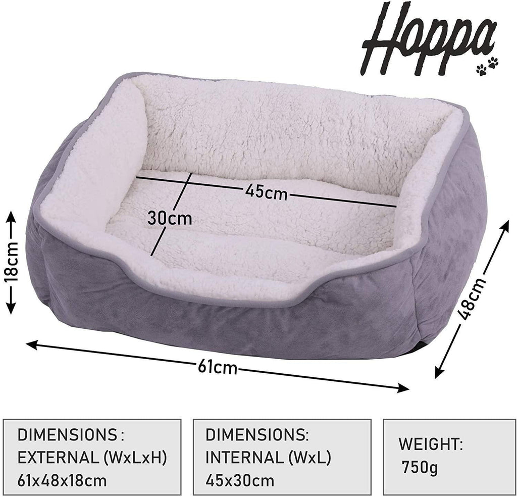 Hoppa Plush Soft Rectangular 61x48x16cm Faux Suede Non Slip Dog Bed with Blanket Machine Washable Small Grey - Packed Direct UK
