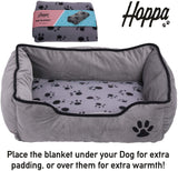 Hoppa Soft Rectangular 61x48x16cm Corduroy Non Slip Dog Bed with Blanket Machine Washable Small Grey - Packed Direct UK