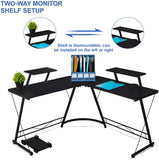 L-Shaped Corner PC Computer Desk, Large L Shape Wood Steel Metal Laptop Study Corner Workstation Gaming Desk Table for Home and Office - Black - Packed Direct UK
