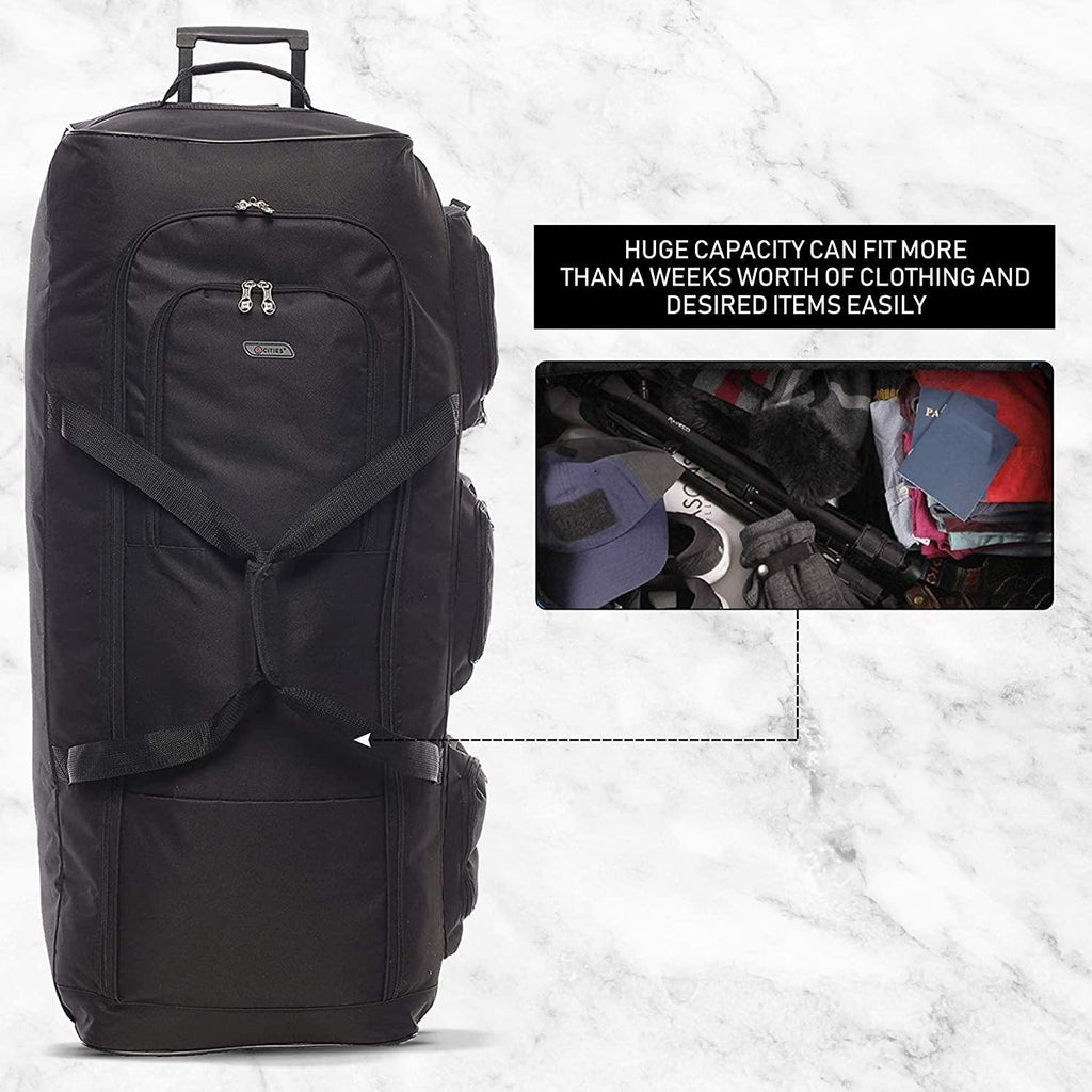 .Large Lightweight Wheeled Duffle Holdall Travel Bag Sports Bag - 2 Year Warranty (34 Inch, Black/Black) - Packed Direct UK