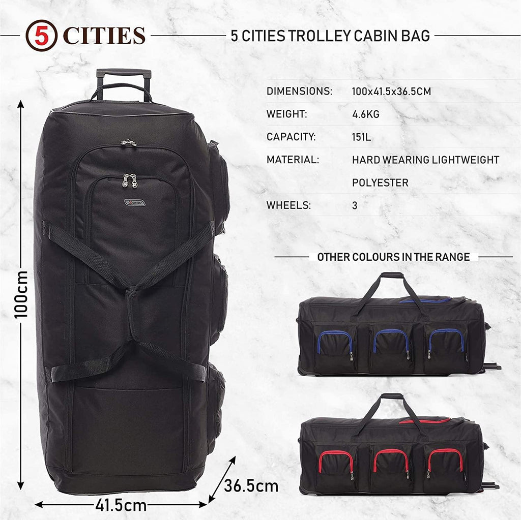.Large Lightweight Wheeled Duffle Holdall Travel Bag Sports Bag - 2 Year Warranty (34 Inch, Black/Black) - Packed Direct UK