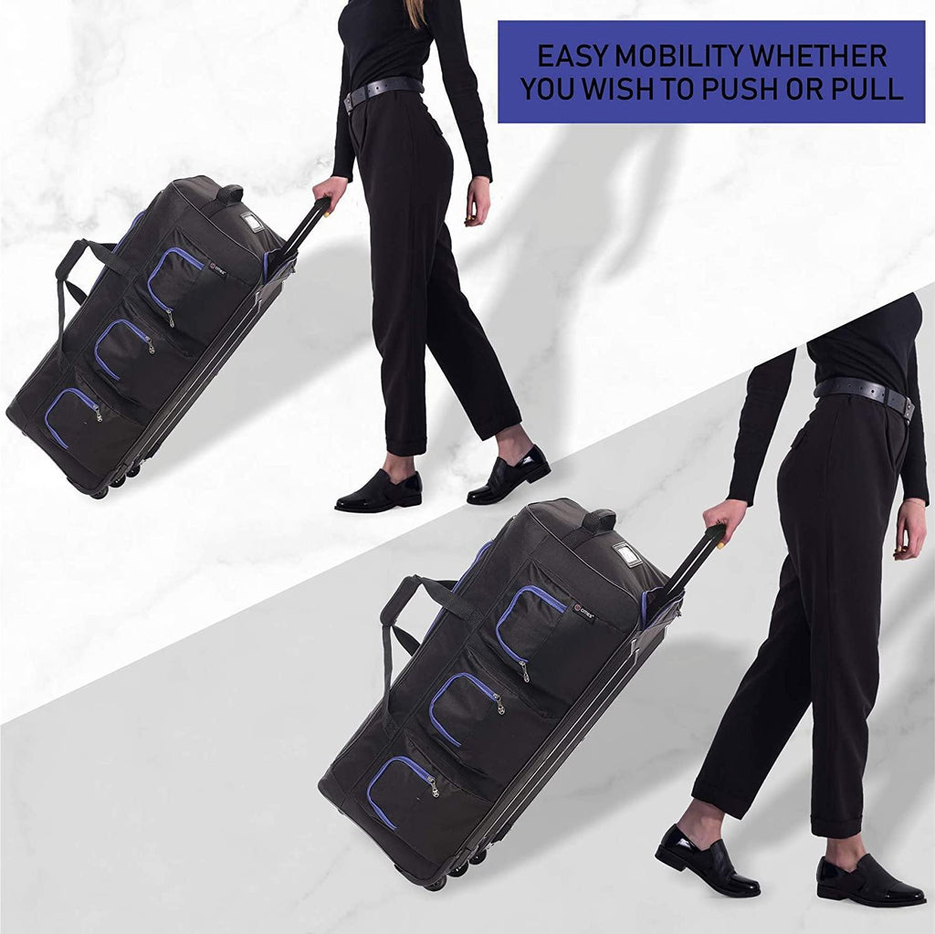 Large Lightweight Wheeled Duffle Holdall Travel Bag Sports Bag - 2 Year Warranty (Black/Blue, 34 Inch) - Packed Direct UK