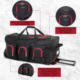 Large Lightweight Wheeled Duffle Holdall Travel Bag Sports Bag - 2 Year Warranty (Black/Red, 34 Inch) - Packed Direct UK