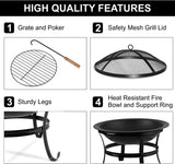 Large Steel Metal Fire Pit for Outdoor Garden Patio Heater Grill Camping Bowl BBQ with Grate Lid & Poker , Wood & Coal Burning , Large Black - Packed Direct UK