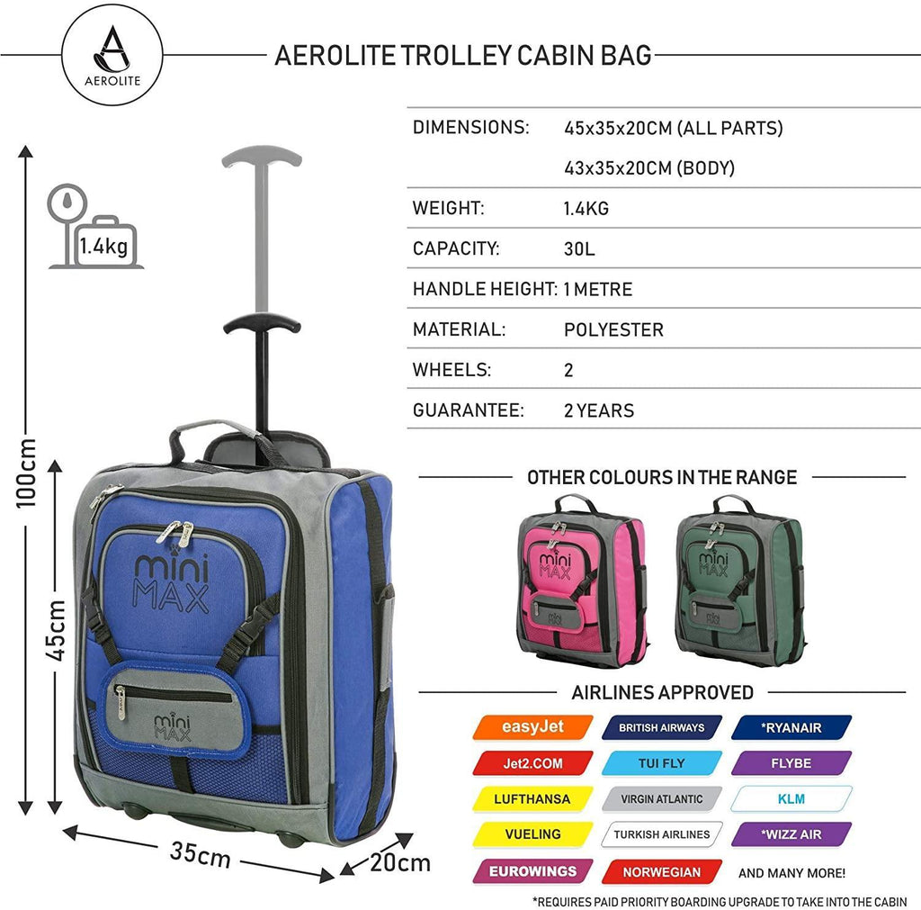 MiniMAX Childrens/Kids Luggage Carry On Trolley Suitcase with Backpack and Pouch for Your Favourite Doll/Action Figure/Bear (2 x Blue) - Packed Direct UK