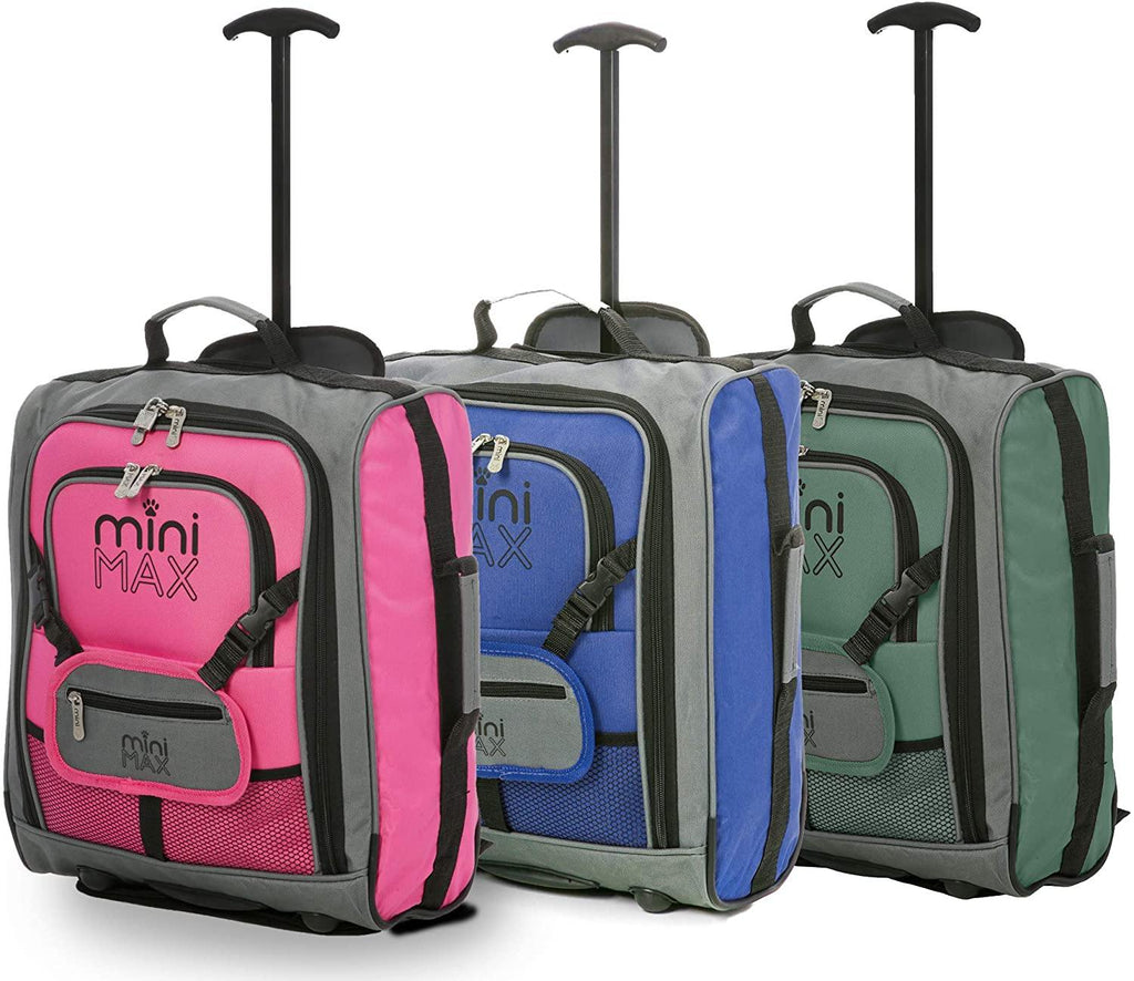 MiniMax Childrens/Kids Luggage Carry On Trolley Suitcase with Backpack and Pouch for Your Favourite Doll/Action Figure/Bear (Blue + Pink + Green) - Packed Direct UK