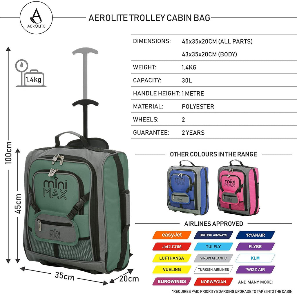 MiniMax Childrens/Kids Luggage Carry On Trolley Suitcase with Backpack and Pouch for Your Favourite Doll/Action Figure/Bear (Blue + Pink + Green) - Packed Direct UK