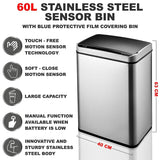 Motion Sensor Waste Bin, Rectangular Touchless Motion Sensor Sensing Touch Free Stainless Steel Kitchen Waste Rubbish Bin Large 60L with Divider for Recycling and Waste Silver - Packed Direct UK