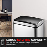 Motion Sensor Waste Bin, Rectangular Touchless Motion Sensor Sensing Touch Free Stainless Steel Kitchen Waste Rubbish Bin Large 60L with Divider for Recycling and Waste Silver - Packed Direct UK