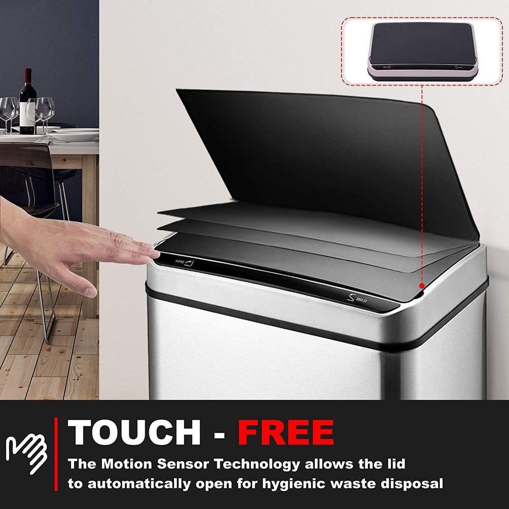 Motion Sensor Waste Bin, Rectangular Touchless Motion Sensor Sensing Touch Free Stainless Steel Kitchen Waste Rubbish Bin Large 60L with Divider for Recycling and Waste Silver - Packed Direct UK