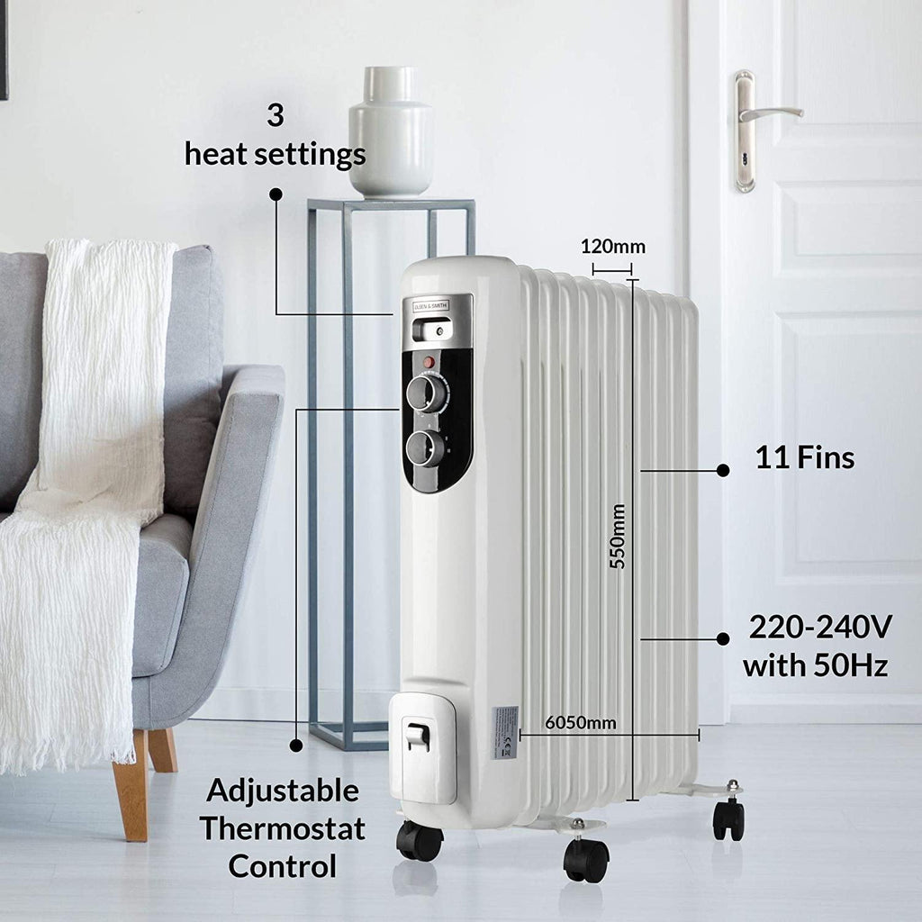 Olsen & Smith 2.5Kw 2500W 11 Fin Portable Electric Slim Oil Filled Radiator Heater with Wheels & Adjustable Temperature Thermostat, White - Packed Direct UK