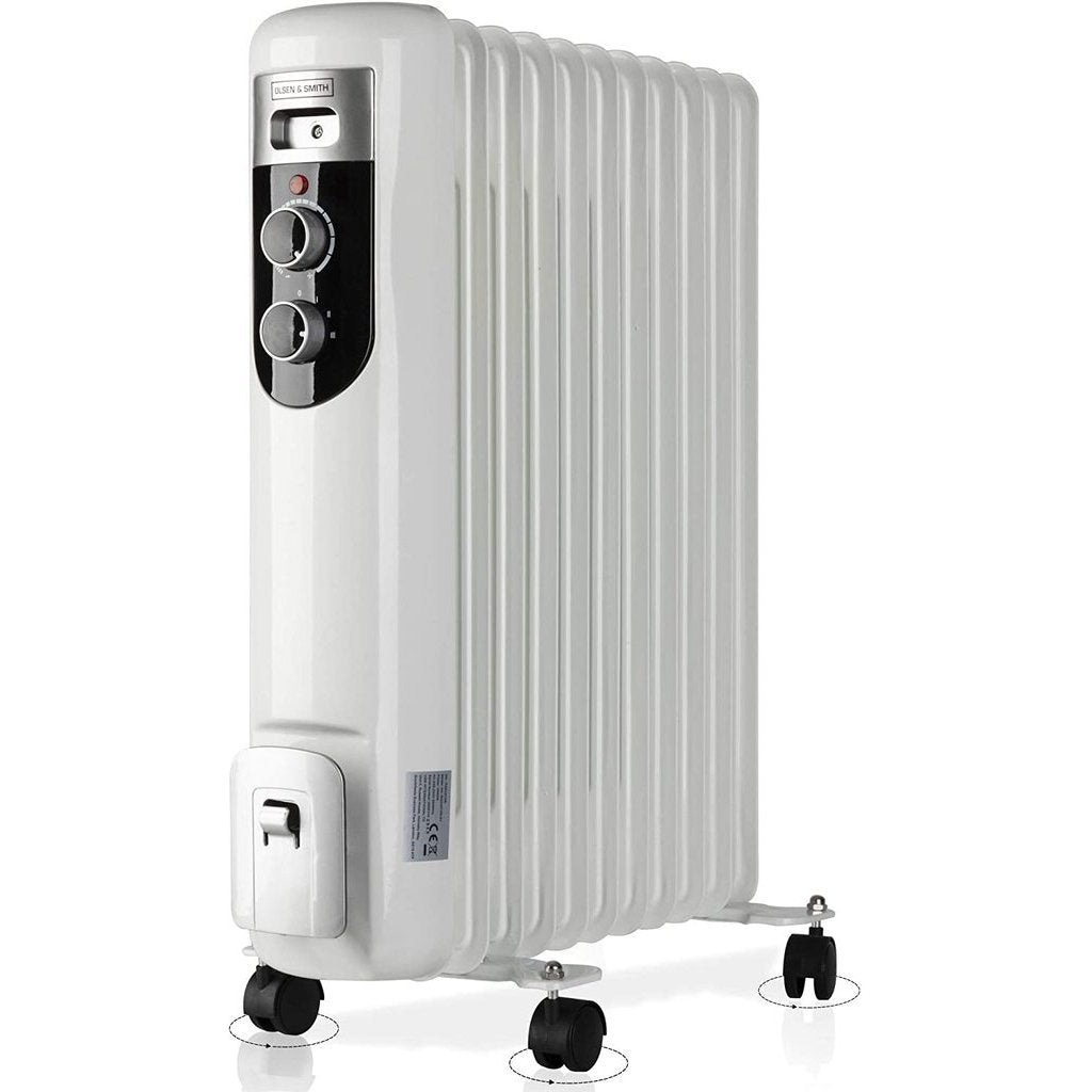 Olsen & Smith 2.5Kw 2500W 11 Fin Portable Electric Slim Oil Filled Radiator Heater with Wheels & Adjustable Temperature Thermostat, White - Packed Direct UK