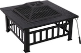 Olsen & Smith Large Square Steel Metal Fire Pit for Outdoor Garden Patio Heater Grill BBQ with Grate, Grill, Lid, Poker & Cover, Wood & Charcoal Burning , Black - Packed Direct UK