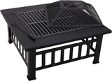 Olsen & Smith Large Square Steel Metal Fire Pit for Outdoor Garden Patio Heater Grill BBQ with Grate, Grill, Lid, Poker & Cover, Wood & Charcoal Burning , Black - Packed Direct UK