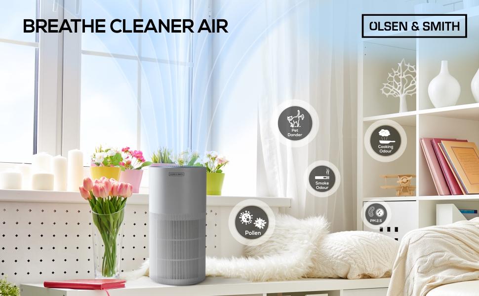 Olsen & Smith Portable Electric Tower Air Purifier with HEPA H11 Filter for Home Bedroom Bedside Table Kitchen Home Office Dust Pollen White - Packed Direct UK