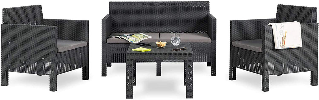 Olsen & Smith Toomax Penelope 4 Piece 4 Person Weatherproof Rattan Outdoor Family Garden Lawn Furniture Set 2x Chair + 2 Person Love Seat Sofa + Table, Anthracite - Packed Direct UK