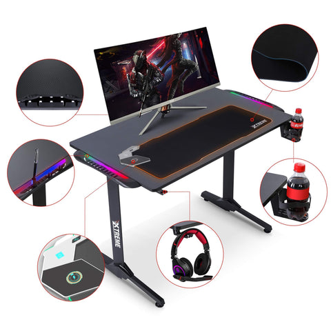 Olsen & Smith Xtreme 43" Premium Carbon Fibre Effect Gaming Desk with Wireless Charger, LED Lights, Mouse Pad, Cable Organizer, Headset Hook & Drinks Cup Holder Black - Packed Direct UK