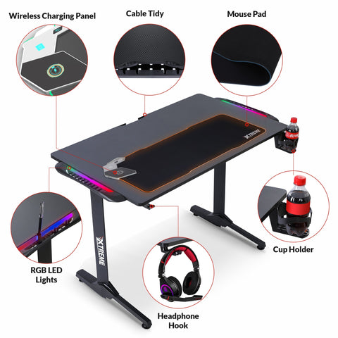 Olsen & Smith Xtreme 43" Premium Carbon Fibre Effect Gaming Desk with Wireless Charger, LED Lights, Mouse Pad, Cable Organizer, Headset Hook & Drinks Cup Holder Black - Packed Direct UK