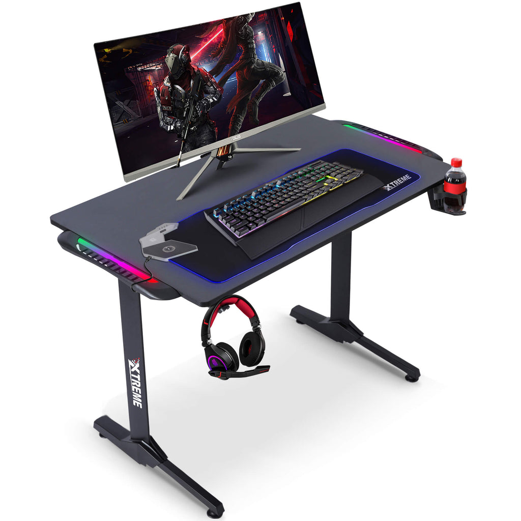 Olsen & Smith Xtreme Carbon Fibre Effect RGB PC Computer Gaming Desk with LED Lights, Controller Storage, Mouse Pad Headset Hook & Drinks Cup Holder Black - Packed Direct UK