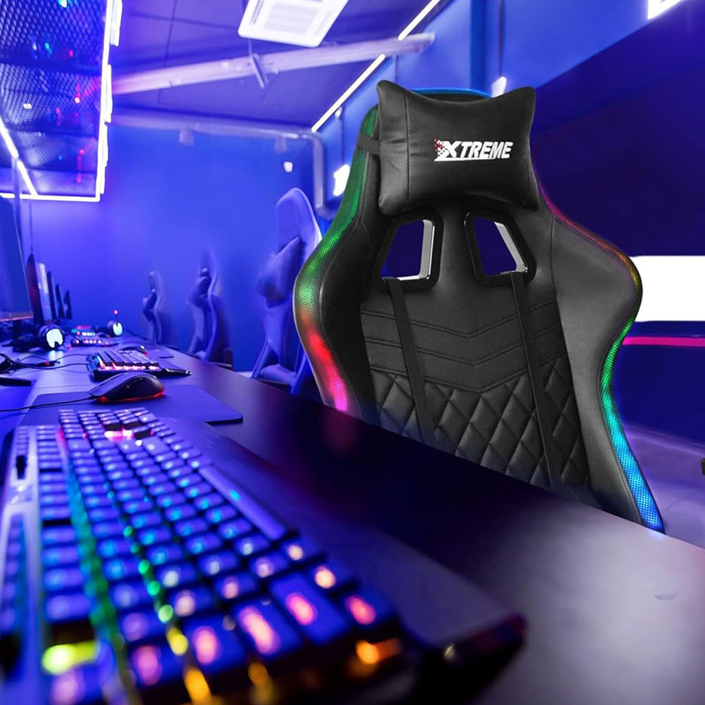 XTREME Engage Premium Gaming Chair with Bluetooth Speakers & RGB LED  Lights, Detachable Padded Headrest, Lumbar Support Cushion & Footrest, Black